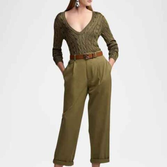 SOLDRalph Lauren Black Label 100% Silk Cable Knit V Neck Sweater, Military Green - Picture 14 of 14